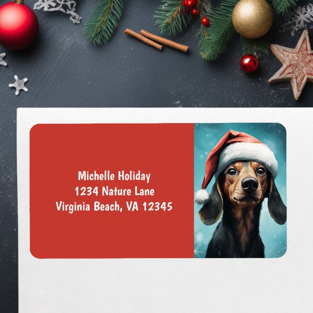 Étiquette Jote Père Noël Chien Chien Chien Chien Dachshund A (Cute Santa Puppy Dog Dachshund Christmas Address Label)
