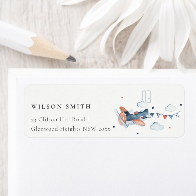 Étiquette Jote Rust Marine Kid Plane Nuages Étoiles Adresse (En situation)
