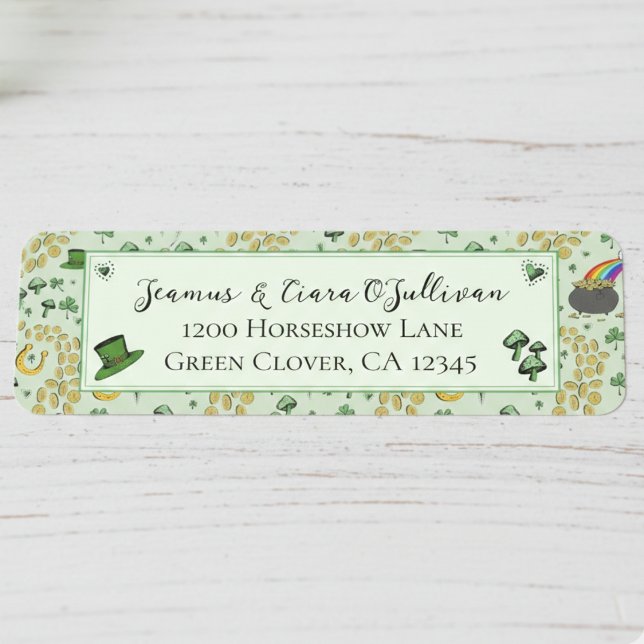 Étiquette Jour de la Saint Patrick vert amusant Bénédictions (Irish Return Address Labels for St Patricks Day. Green Shamrock Four Leaf Clover, Good Luck Pattern)