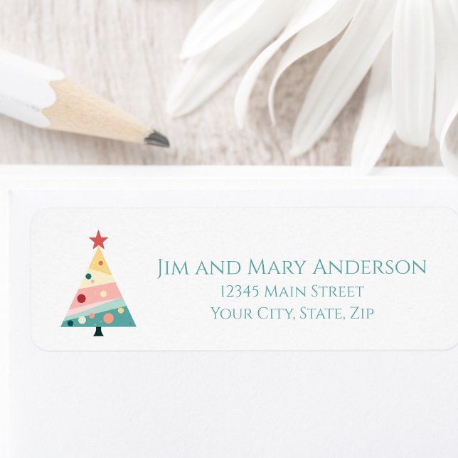 Étiquette Jours de Noël minimaliste Whimsical (Pastel color polka dot Christmas tree return address label)