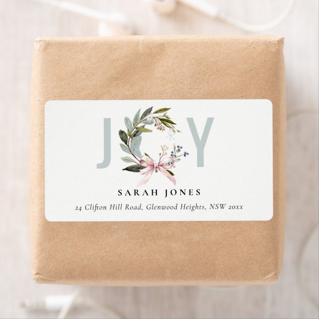 Étiquette Joy Blush Green Winter Christmas Wreath Address (En situation)