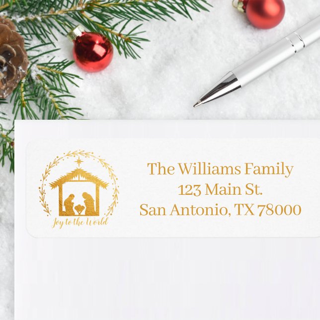 Étiquette Joy to the World Gold Nativité Adresse de retour (Gold Nativity Return Address Sticker)