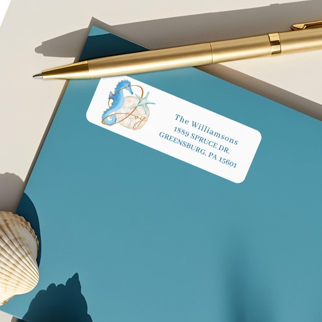 Étiquette Joy Watercolor Ocean Beach Seahorse & Seashells (Joy Watercolor Ocean Beach Seahorse & Seashells Label)