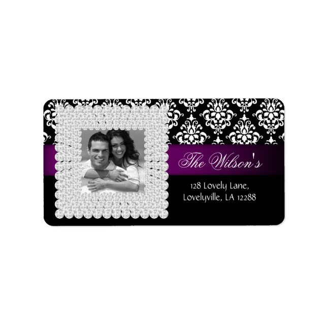 Étiquette Joyau Mariage damassé noir violet blanc (Devant)