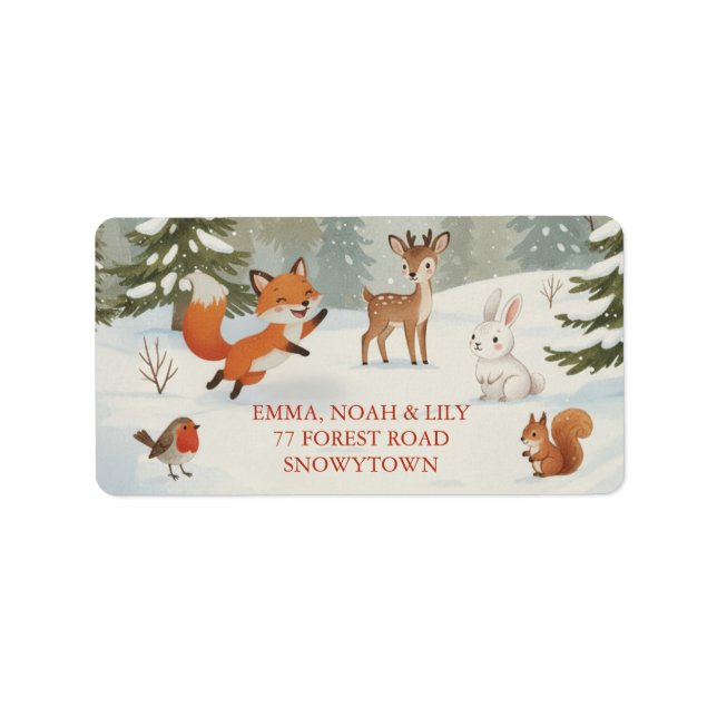 Étiquette Joyeuse forêt hivernale Animaux de Noël (Devant)