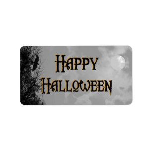 Étiquette Joyeuse Pleine lune d'Halloween et Ravens Étiquett