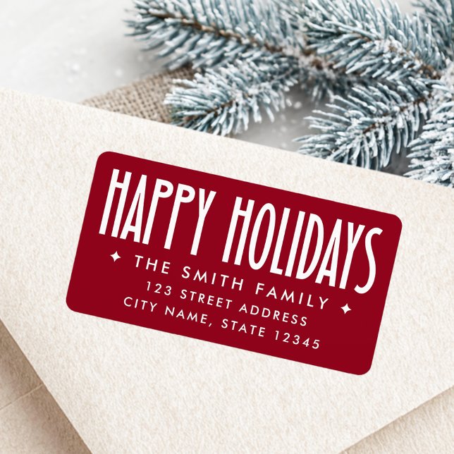 Étiquette Joyeuses Fêtes adresse de retour rouge profond (Happy Holidays deep red return address Label)