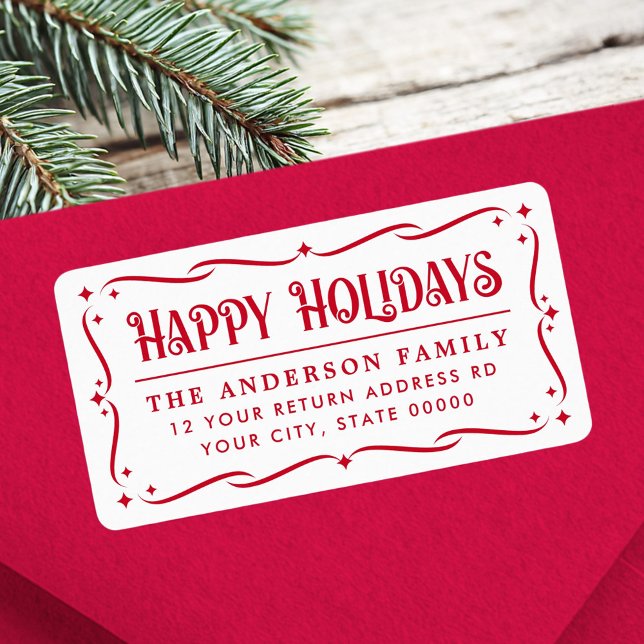 Étiquette Joyeuses Fêtes rouge blanc adresse de retour (Festive Happy Holidays red white return address Label)