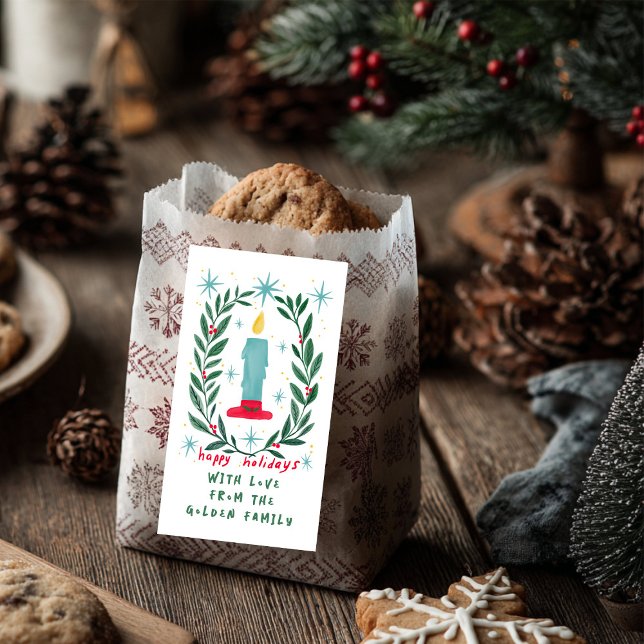 Étiquette Joyeuses vacances bougie main dessinée cadeau PERS (Happy Holidays Candle Hand Drawn CUSTOM Gift Label Sticker
)