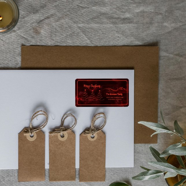 Étiquette Joyeux arbres de Noël Bourgogne (Merry Christmas Trees Burgundy Label)