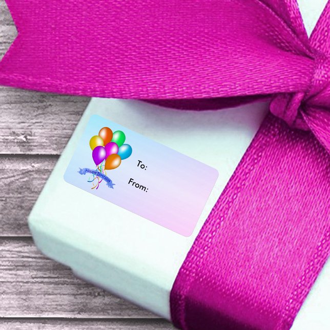 Étiquette Joyeux ballons festifs d'anniversaire de plusieurs (Colourful balloons and streamers on Happy Birthday blue and pink gift tag stickers.)