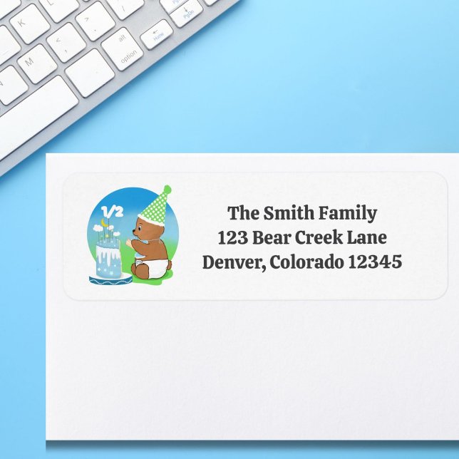 Étiquette Joyeux demi-anniversaire bébé ours avec gâteau (Créateur téléchargé)