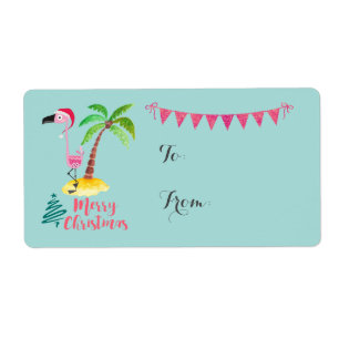 Étiquette Joyeux Flamant rose Rose de Noël Avec Palm Tree Ca