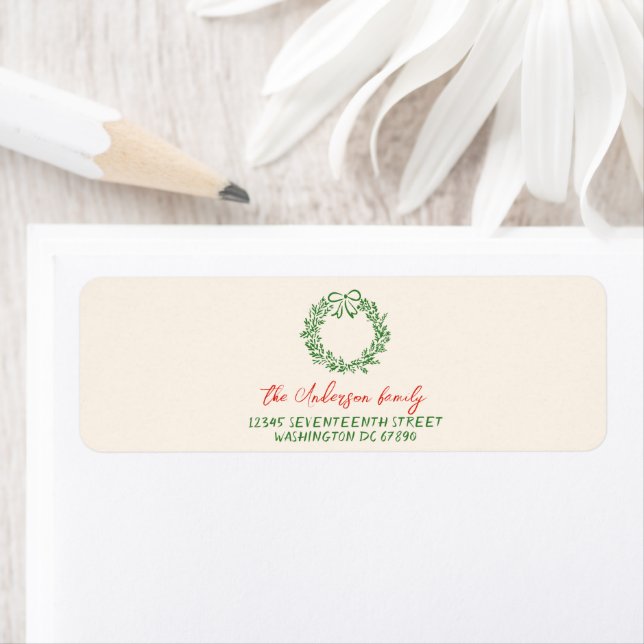 Étiquette Joyeux Noël à la main rouge rétro à ruban (En situation)