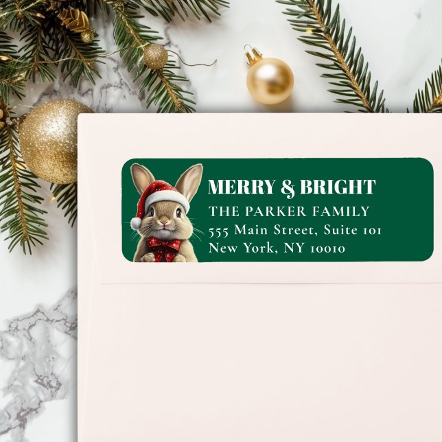 Étiquette Joyeux Noël! Adorable, Lapin, Santa Hat (MERRY & BRIGHT! Adorable, Rabbit With Red Santa Hat and Ribbon, Green Address Return Labels.)