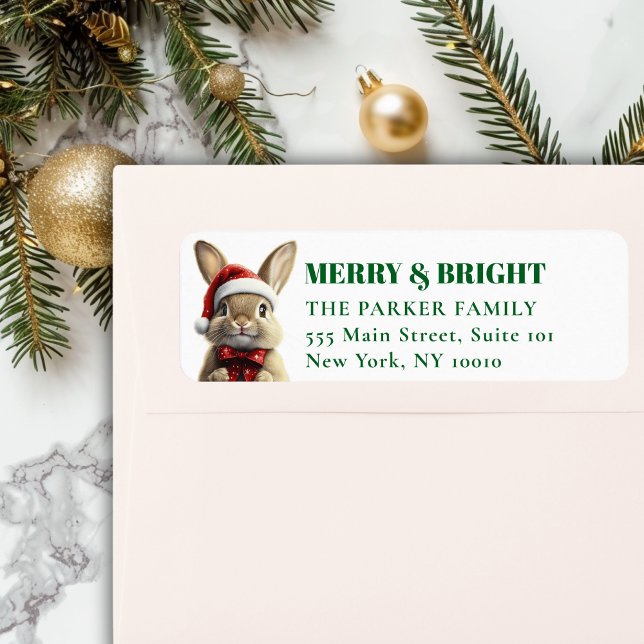 Étiquette Joyeux Noël! Adorable, Lapin, Santa Hat (MERRY & BRIGHT! Adorable, Rabbit With Red Santa Hat and Ribbon, Address Return Labels.)