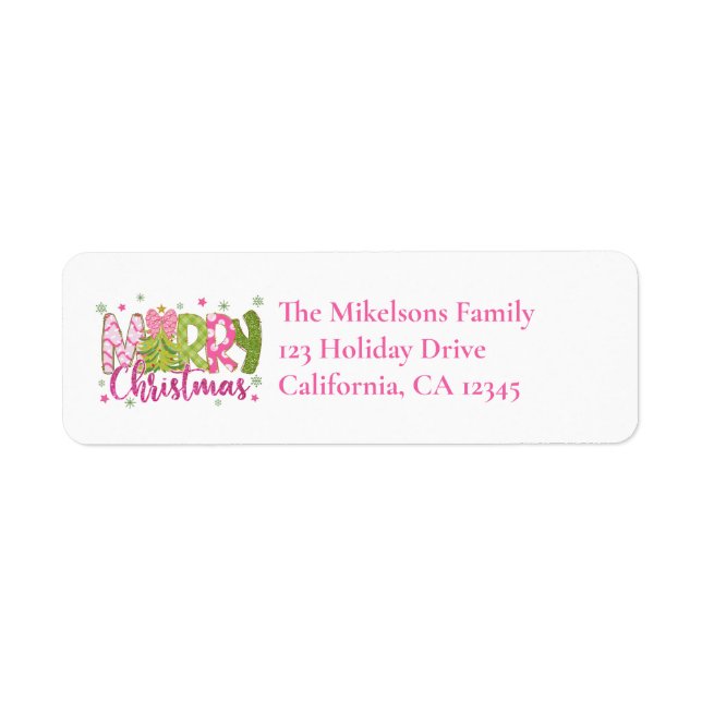 Étiquette Joyeux Noël Adresse de Retour Rose Vert (Devant)