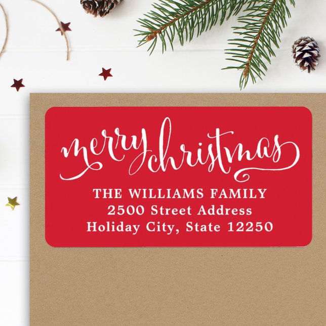 Étiquette Joyeux Noël Adresse Moderne Rouge Script (Créateur téléchargé)