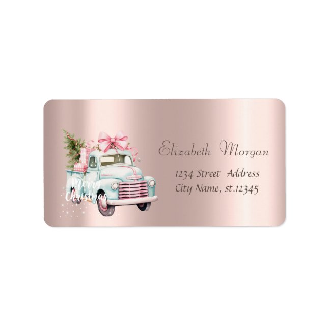 Étiquette Joyeux Noël, Arbre de Noël, Rose de voiture bleu O (Devant)