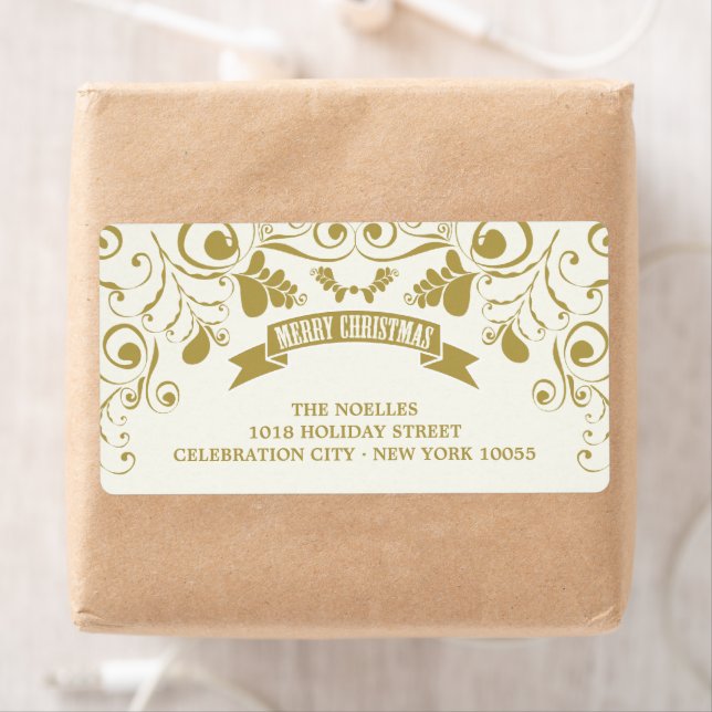 Étiquette Joyeux Noël Art Nouveau Floral Adresse de vacances (En situation)