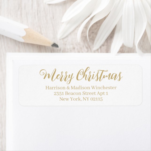 Étiquette Joyeux Noël blanc or calligraphie adresse (En situation)