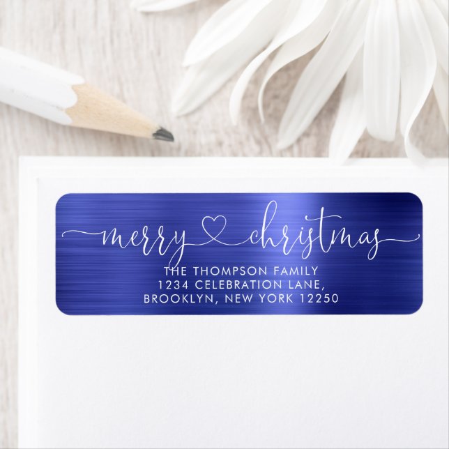 Étiquette Joyeux Noël branché Coeur Script Metallic Bleu (En situation)