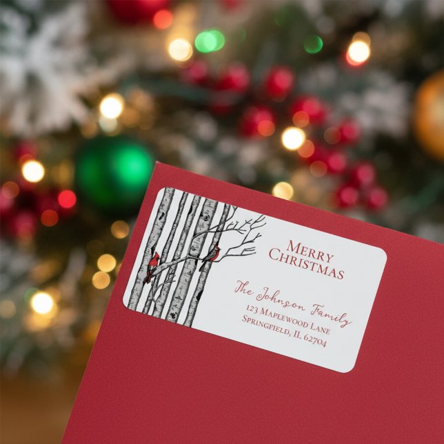 Étiquette Joyeux Noël Cardinals Branches de bouleau (Elegant Festive Winter Return Address Label. Hand Drawn Red Cardinal Birds in Birch Trees)