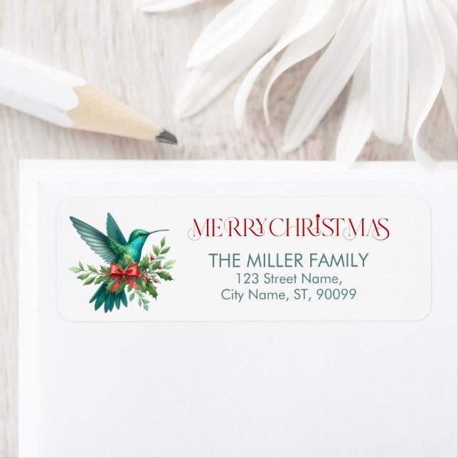 Étiquette Joyeux Noël Colibri décoré pour Noël (En situation)