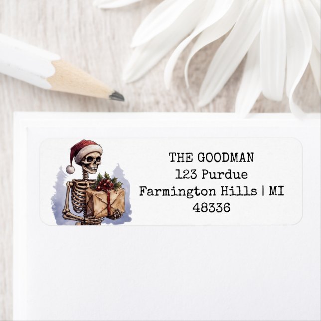 Étiquette Joyeux Noël Éffrayant Squelette gothique (En situation)