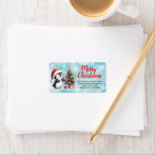 Étiquette Joyeux Noël Elegant Pingouin amusant Rouge et Bleu