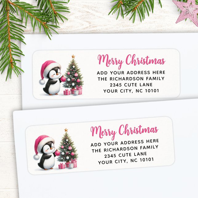 Étiquette Joyeux Noël Élégant Pingouin Rose (Créateur téléchargé)