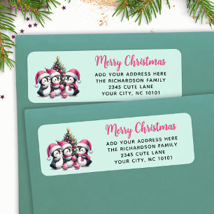 Étiquette Joyeux Noël Festif Pingouins mignons Pink Mint
