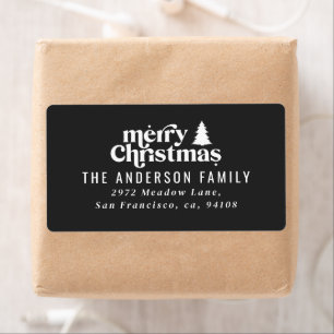 Étiquette Joyeux Noël graphique arbre rétro noir