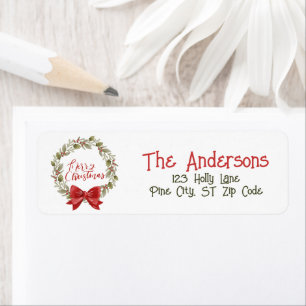 Étiquette Joyeux Noël Green Botanical Red Holly Wreath