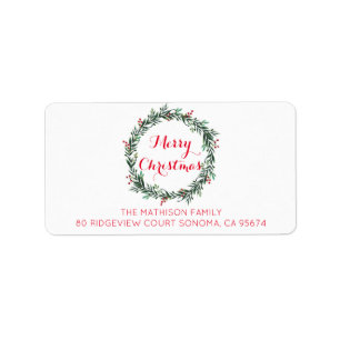 Étiquette Joyeux Noël Holly Berry Wreath Adresse de retour