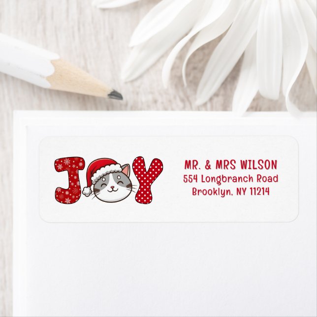 Étiquette Joyeux Noël Kitty Chat " JOY " adresse de retour (En situation)