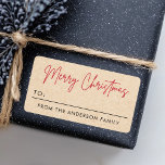 Étiquette Joyeux Noël Kraft papier regarder à partir de l'ét<br><div class="desc">Simple,  moderne à partir de étiquettes avec le texte "Joyeux Noël" dans une police rouge,  moderne,  style manuscrit et l'espace pour vous d'écrire un nom. Brown,  Kraft look papier (image imprimée) arrière - plan.</div>