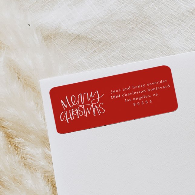 Étiquette Joyeux Noël Lettre à la main Adresse de retour (Red Merry Christmas festive return address labels.)