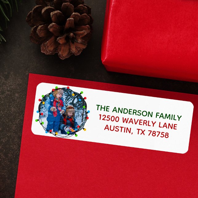 Étiquette Joyeux Noël Lumières Photo Mignonne Adresse de ret (Créateur téléchargé)