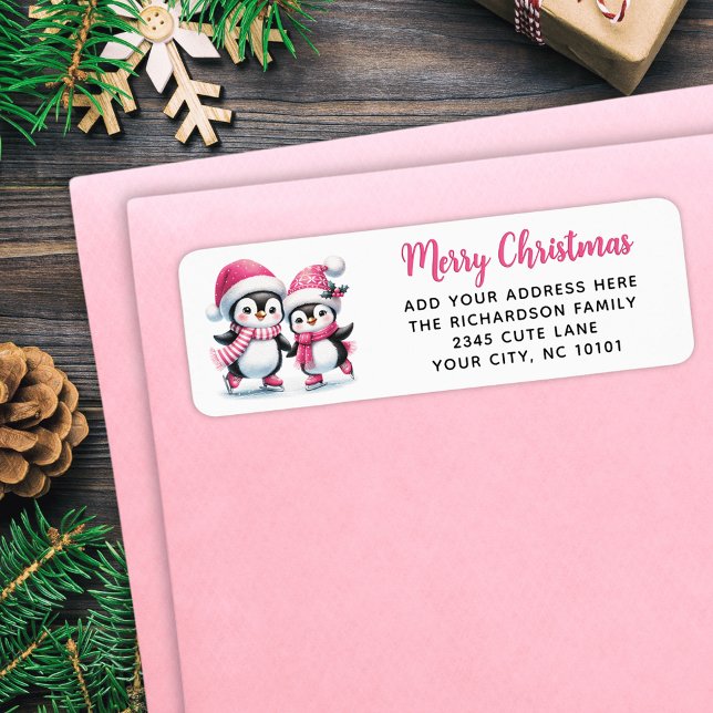 Étiquette Joyeux Noël mignon Patinage sur glace Pingouins ro (Créateur téléchargé)
