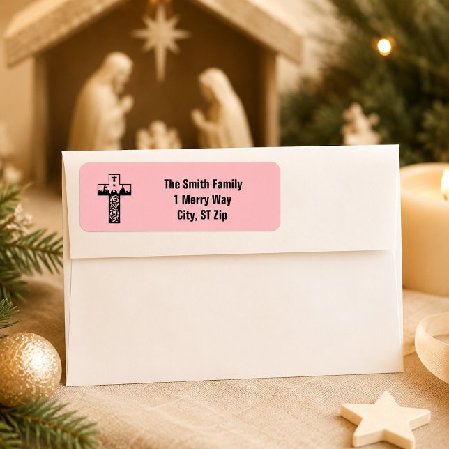 Étiquette Joyeux Noël Nativité Croix Rose (Créateur téléchargé)
