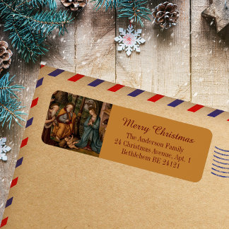 Étiquette Joyeux Noël Nativité Scène Christian catholique