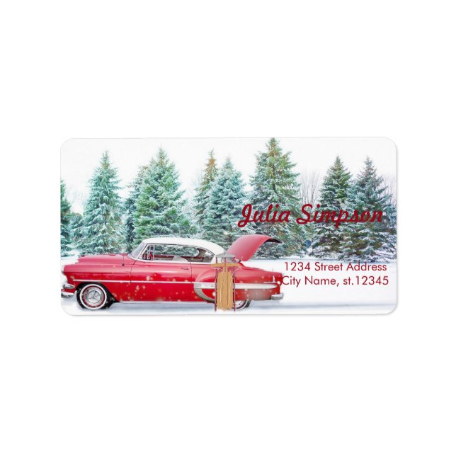 Étiquette Joyeux Noël, Pins de Noël, Voiture (Devant)