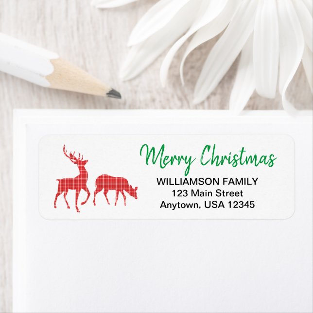 Étiquette Joyeux Noël Reindeer Red Plaid Motif (En situation)