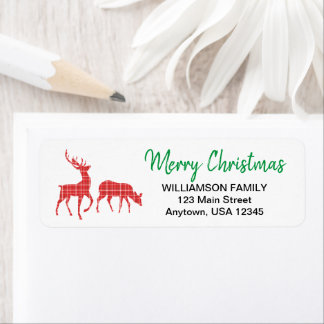 Étiquette Joyeux Noël Renne Motif Carreaux Rouges