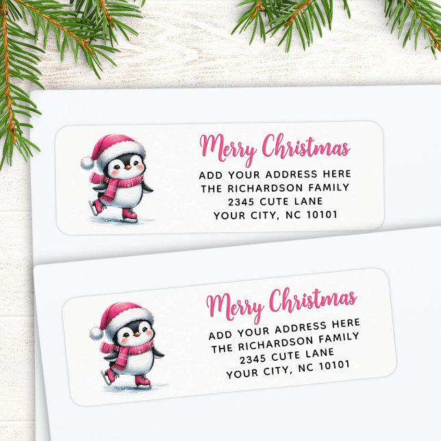 Étiquette Joyeux Noël rose mignon Patinage sur glace Pingoui (Créateur téléchargé)