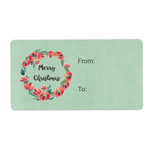 Étiquette Joyeux Noël Rouge Floral Aquarelle Wreath