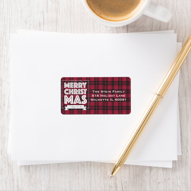 Étiquette Joyeux Noël Rouge Plaid (En situation)