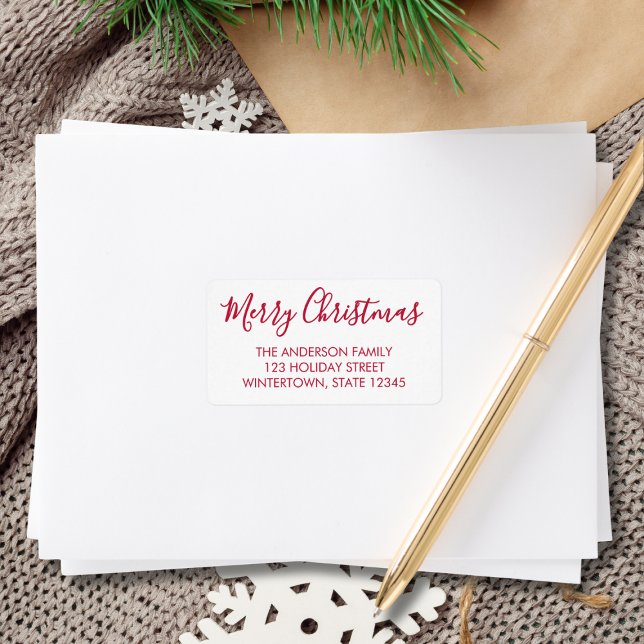 Étiquette Joyeux Noël Rouge Script Retourner l'adresse (Créateur téléchargé)