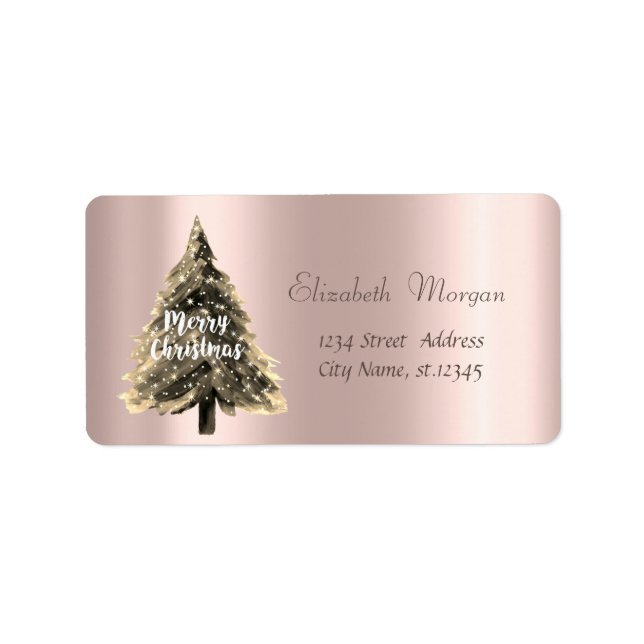 Étiquette Joyeux Noël,Sapin de Noël, Or Rose (Devant)